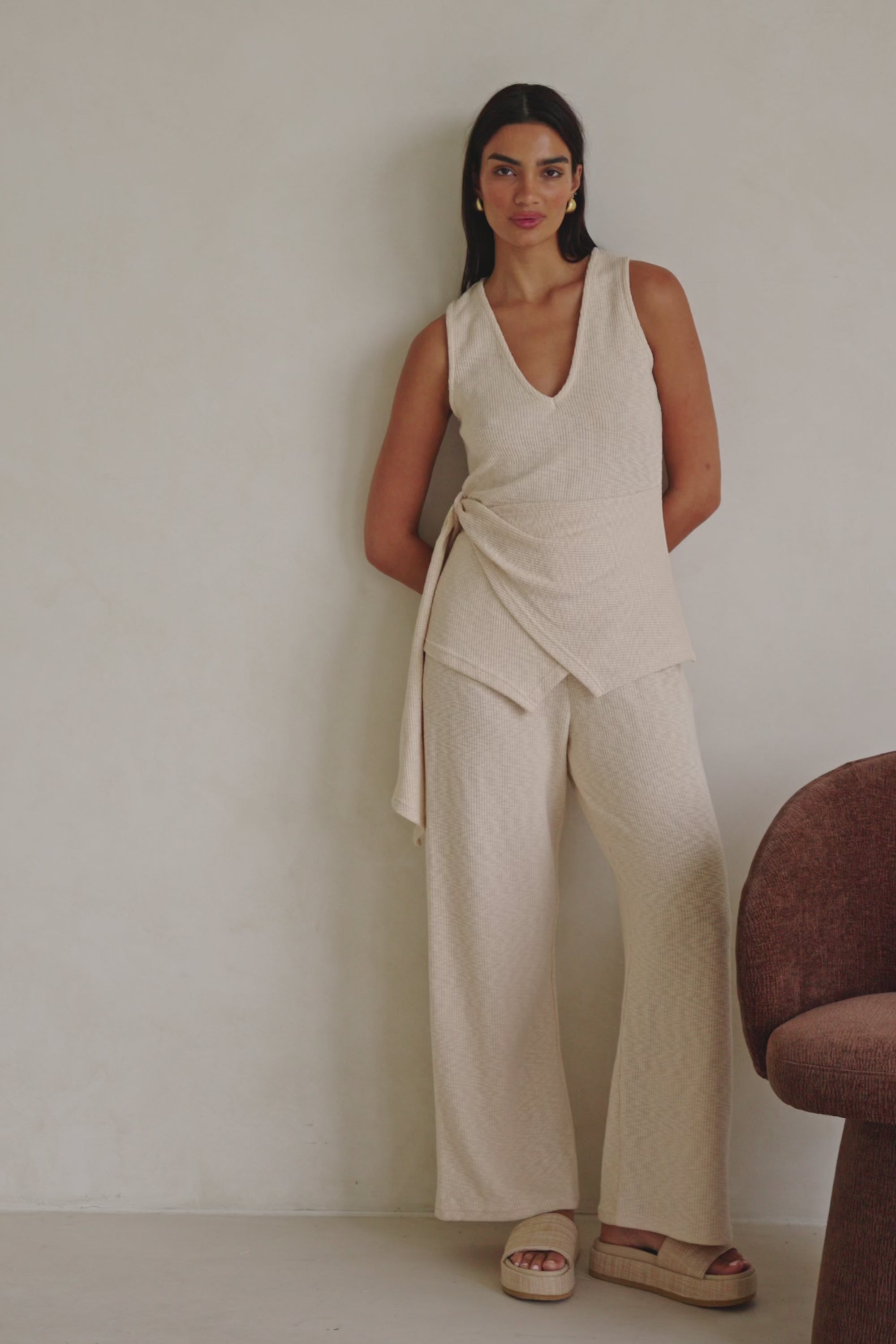 Beige Ribbed V-Neck Wrap Liora Top – SABO