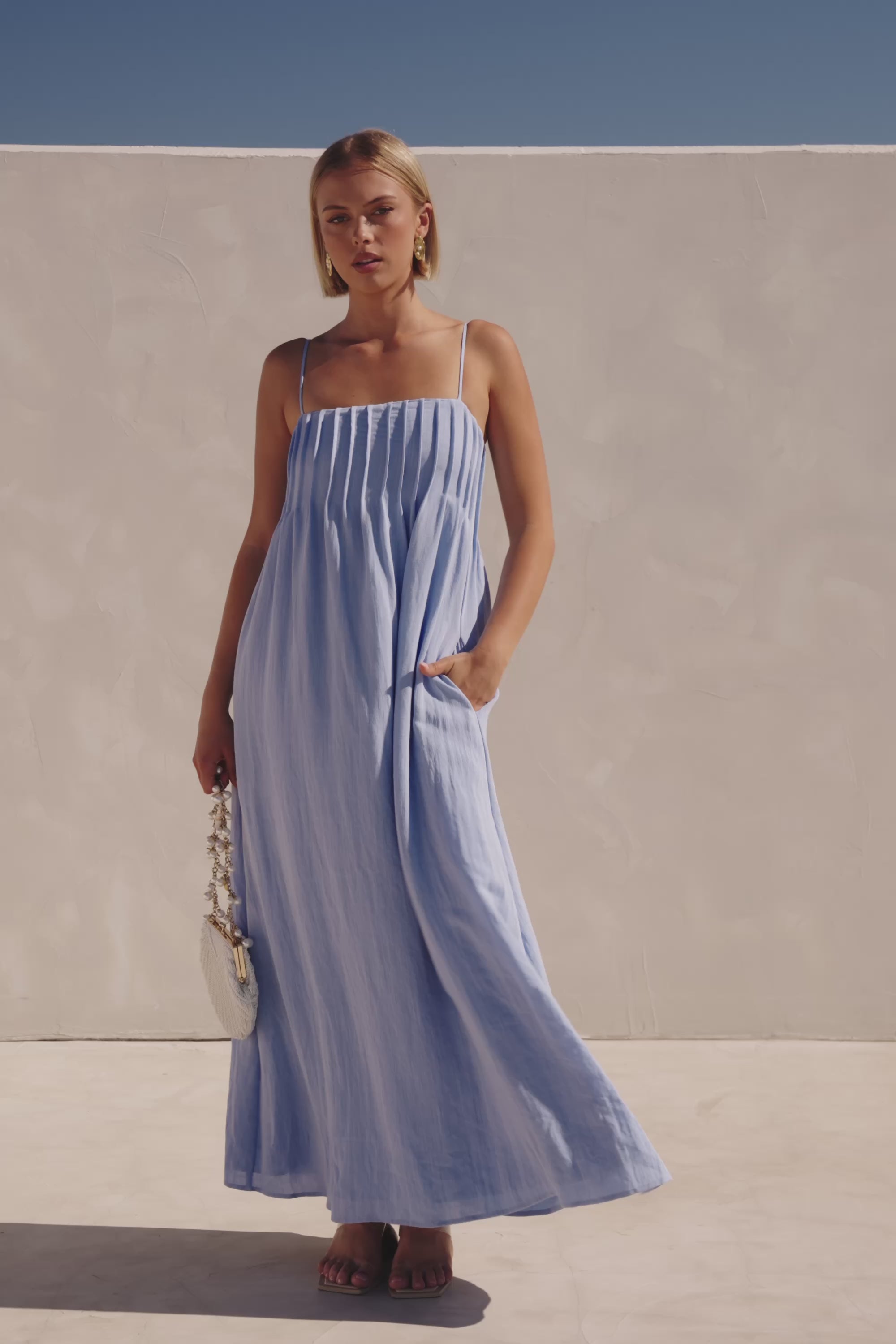 Blue Pin Tuck Pleat Maxi Ada Dress – SABO
