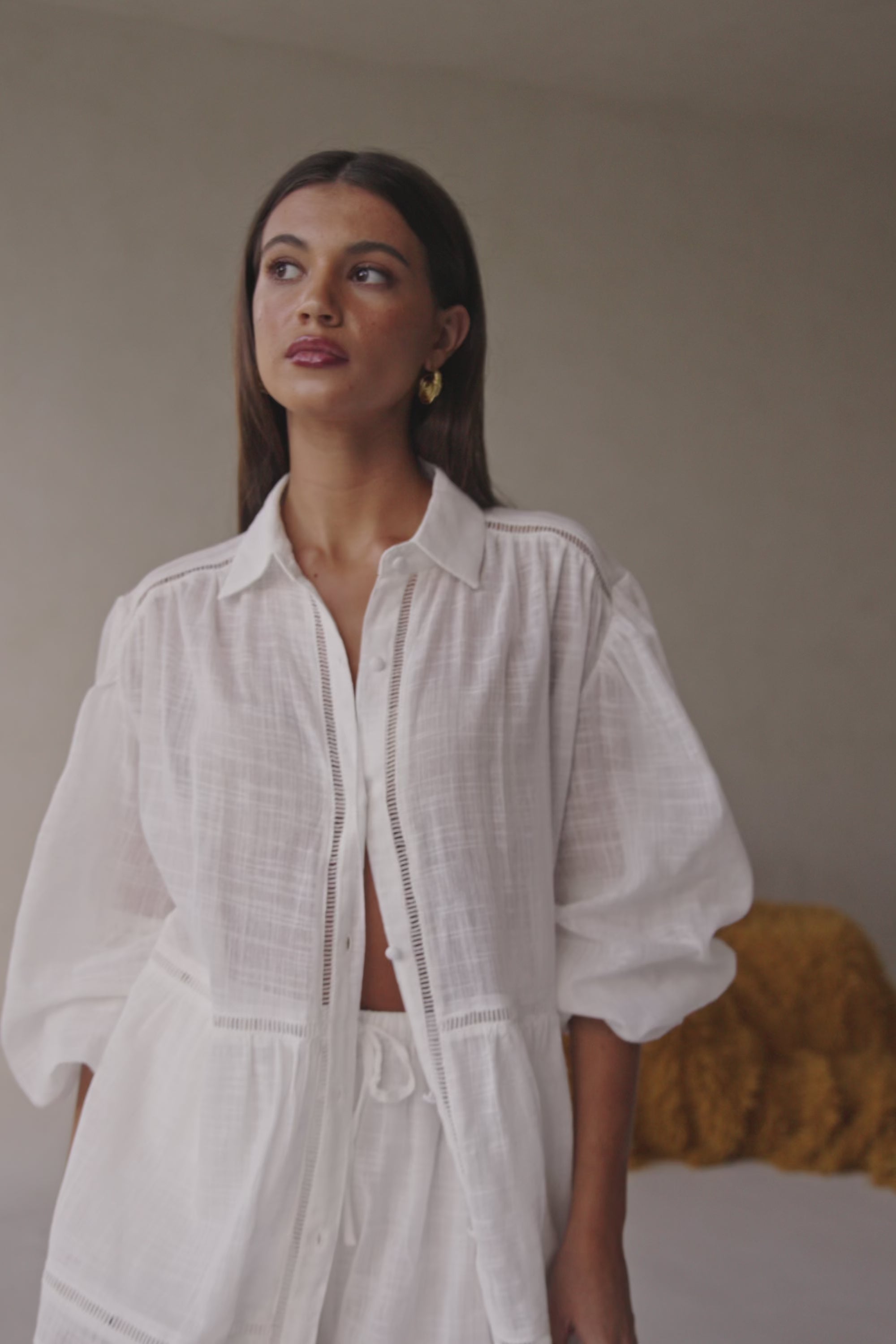 White Cheesecloth Button Up Puff Sleeve Rita Shirt – SABO