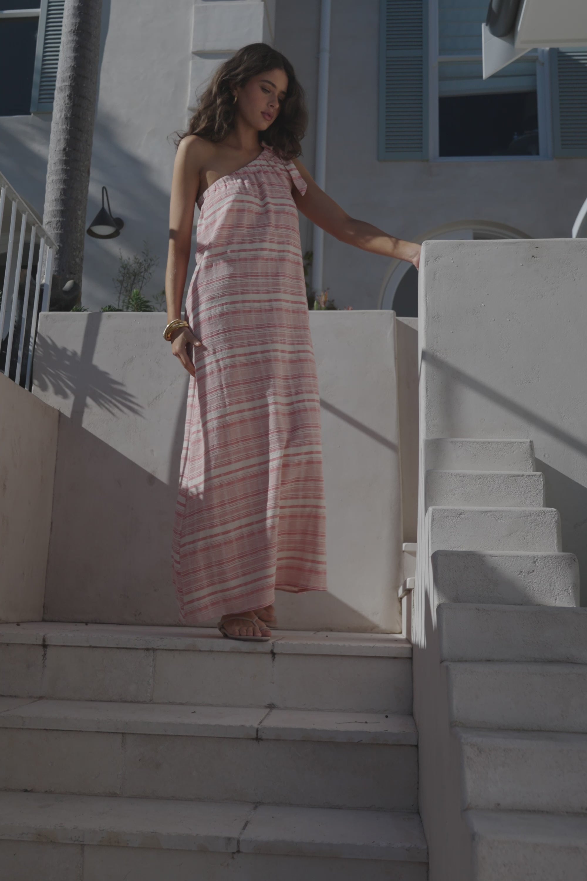 Pink And White Stripe One Shoulder Navi Maxi Dress – SABO