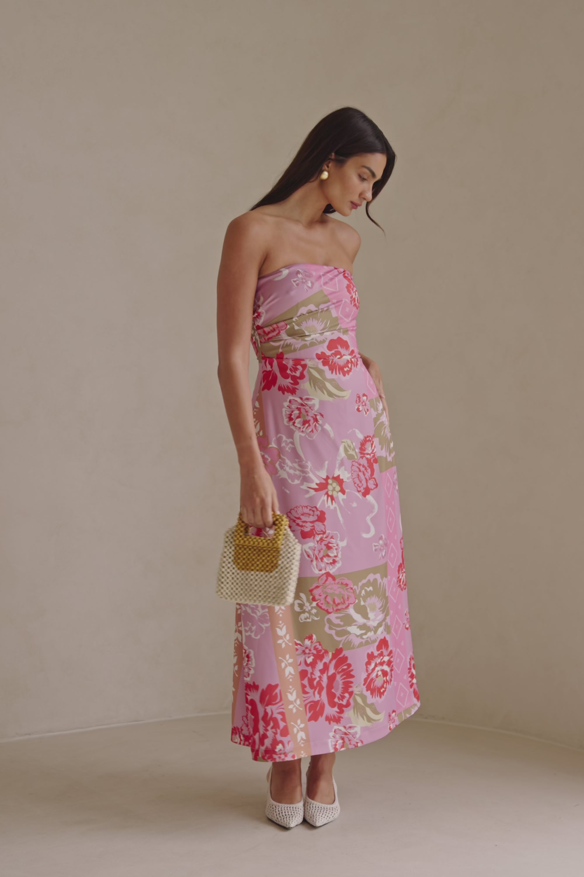 Pink Botanic Patch Floral Strapless Maxi Liberty Dress – SABO