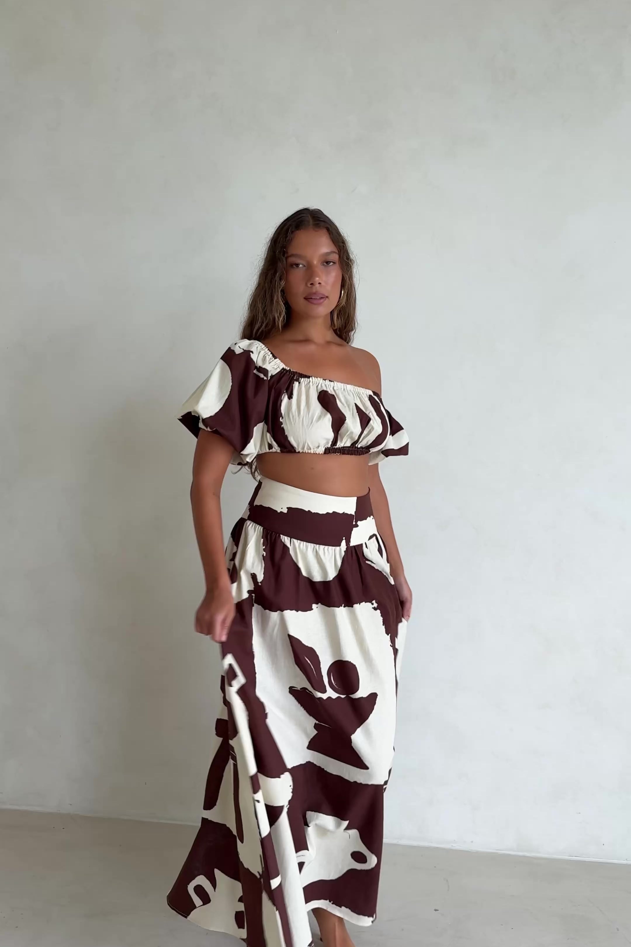 Brown Arredo Print Gathered Maxi Yumi Skirt – SABO