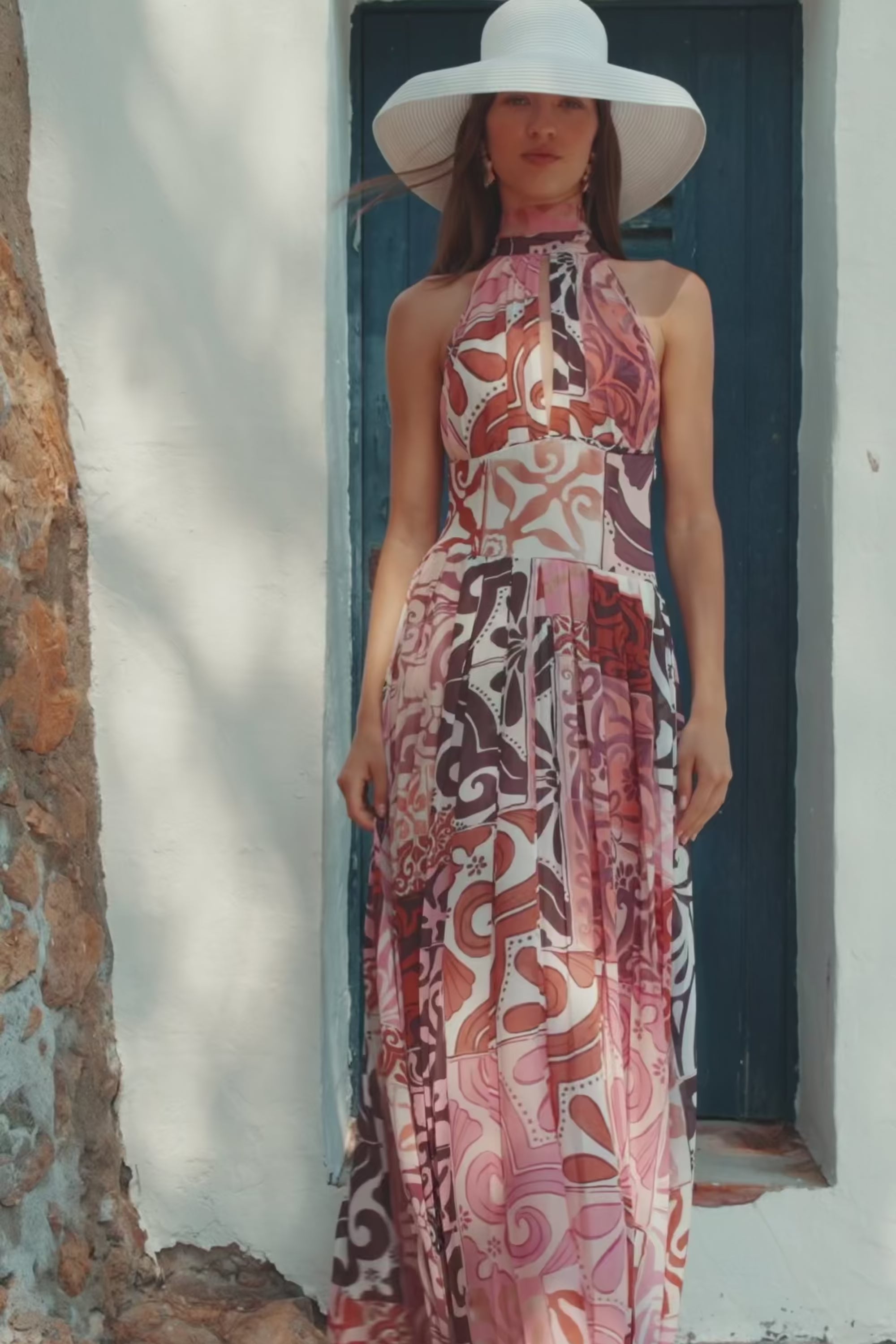 Pink Mosaica Print Halter Backless Maxi Margot Pleated Dress – SABO