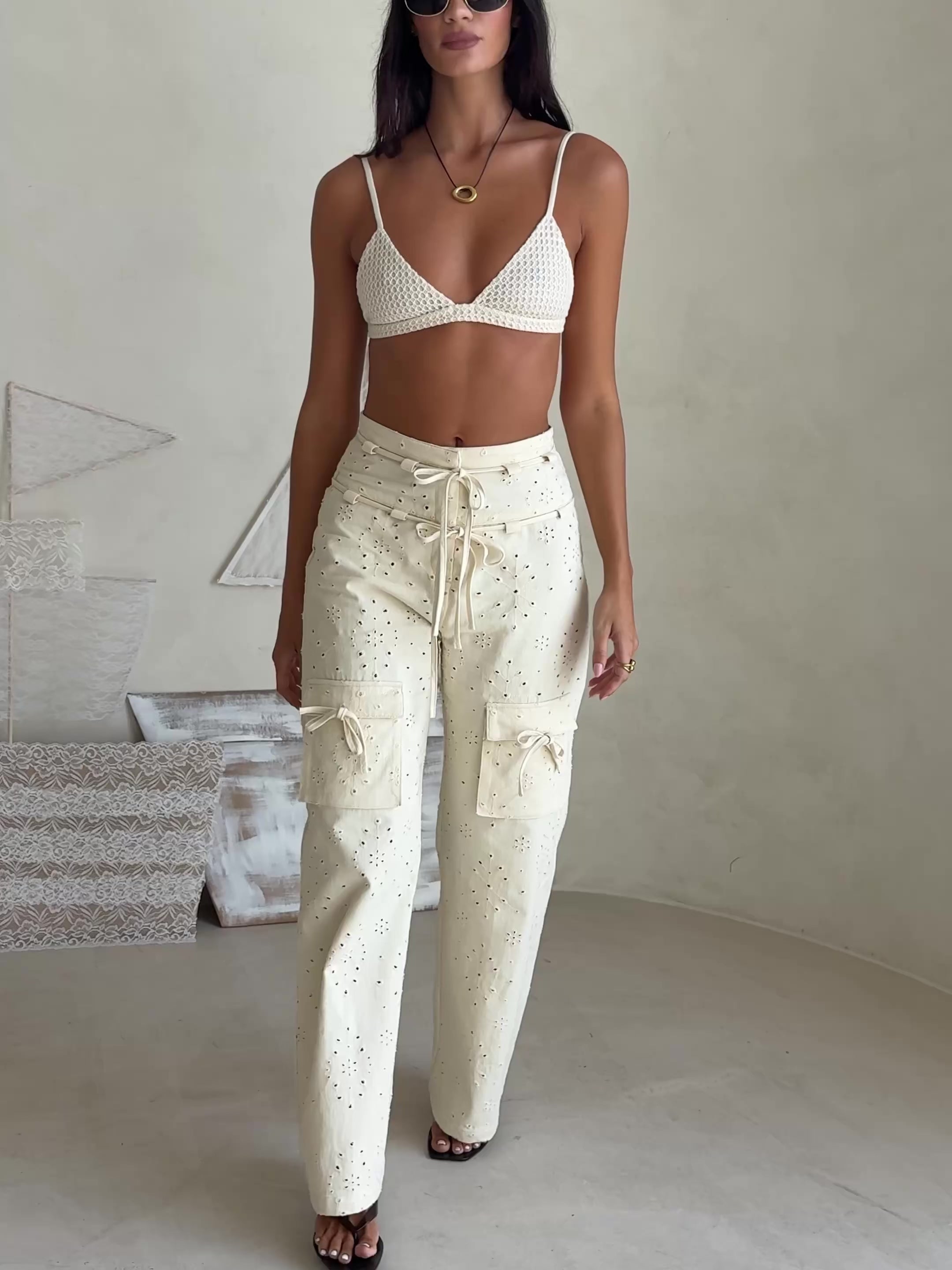 Cream Eyelet Tie Pocket Jaicee Pants – SABO