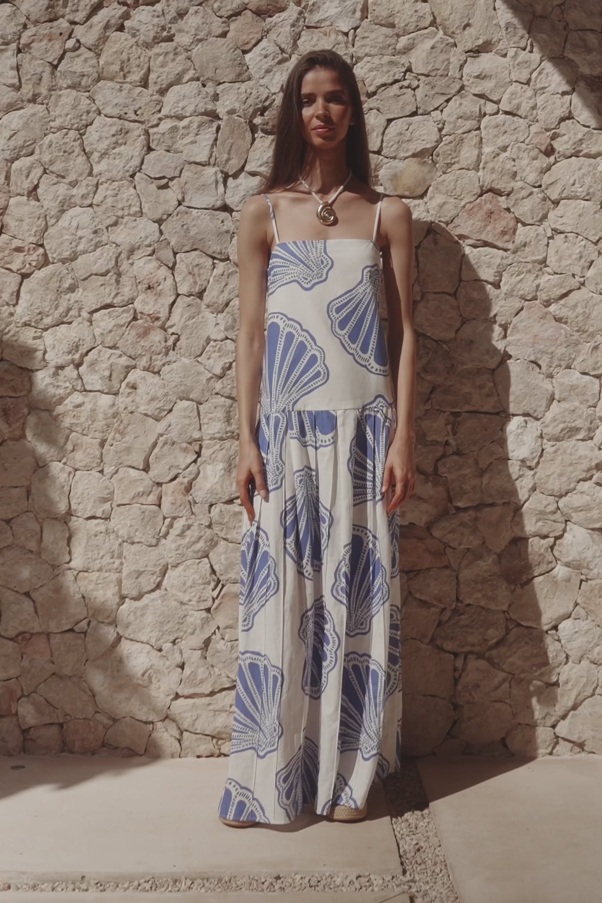 Bette Thin Strap Maxi Dress - Seashell Print, Blue, White – SABO