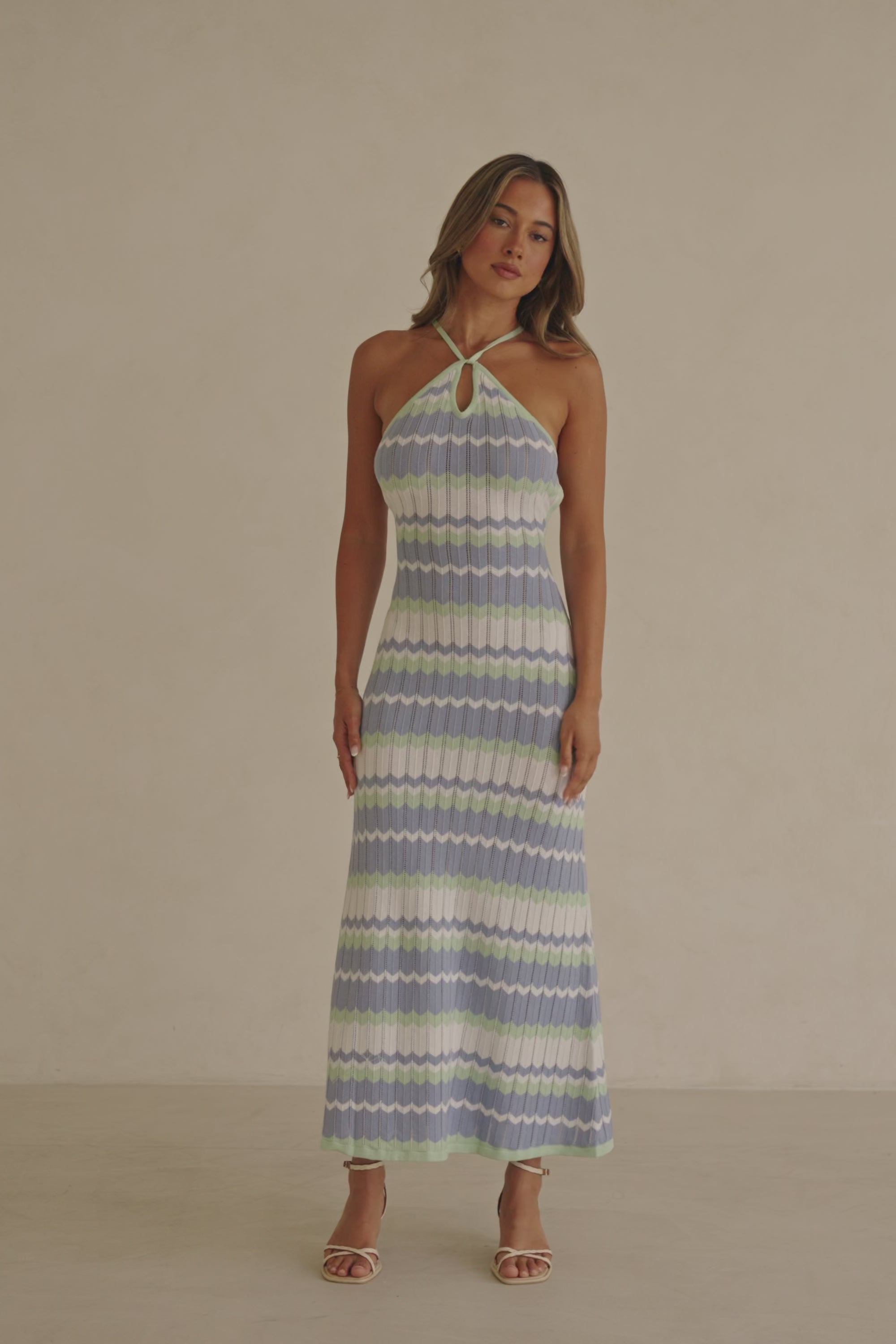 White Blue and Green Stripe Knit Halter Maxi Bexley Dress – SABO