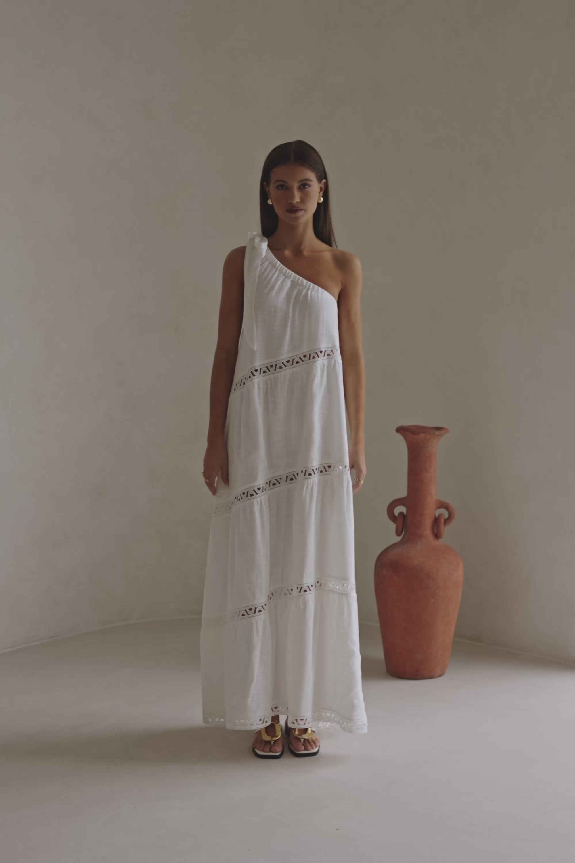 White Cotton One Shoulder Flouncy Maxi Juliette Dress – SABO