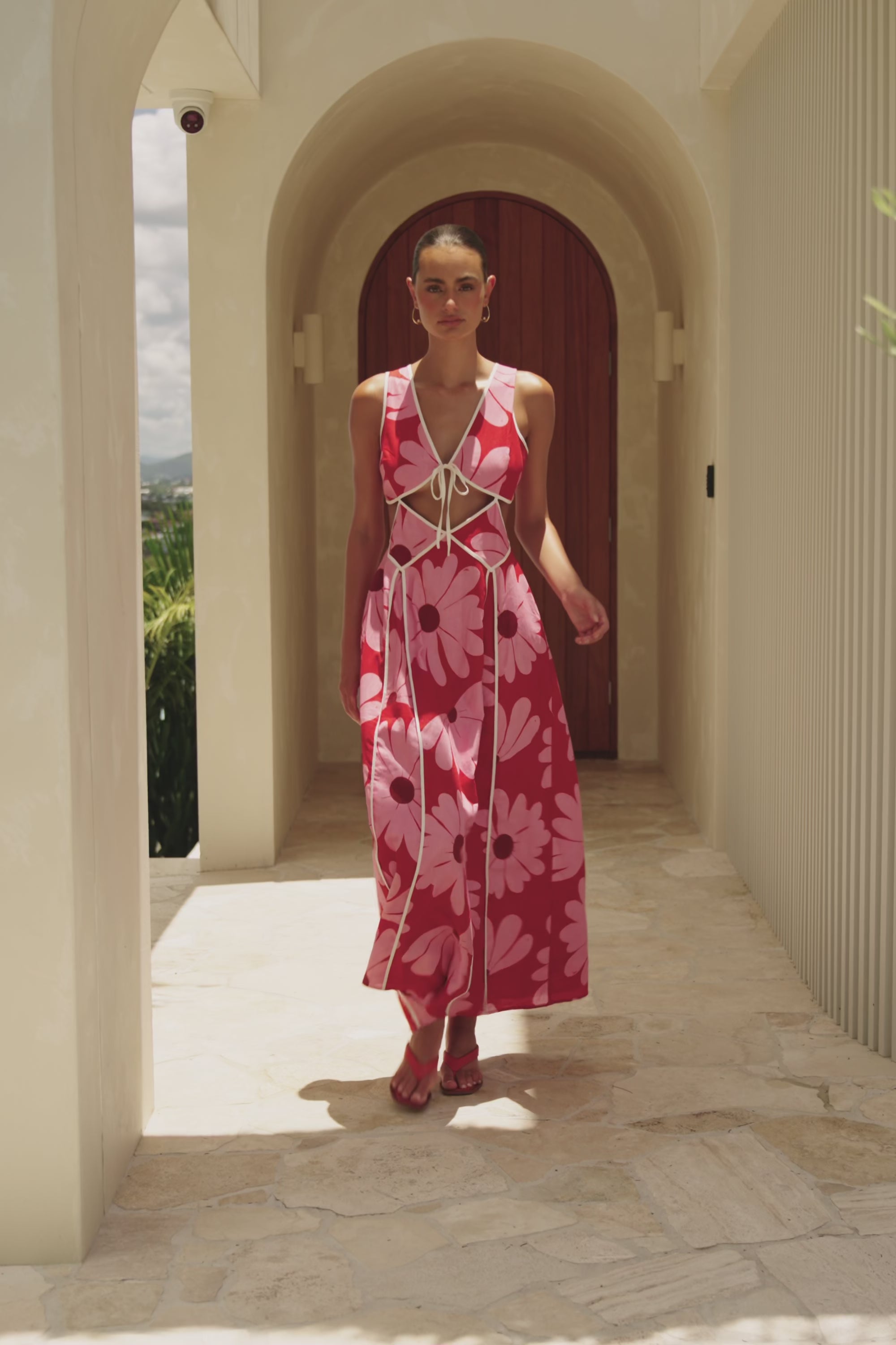 Calandra V Neckline Cutout Maxi Dress - Pink White Daisy Red Print