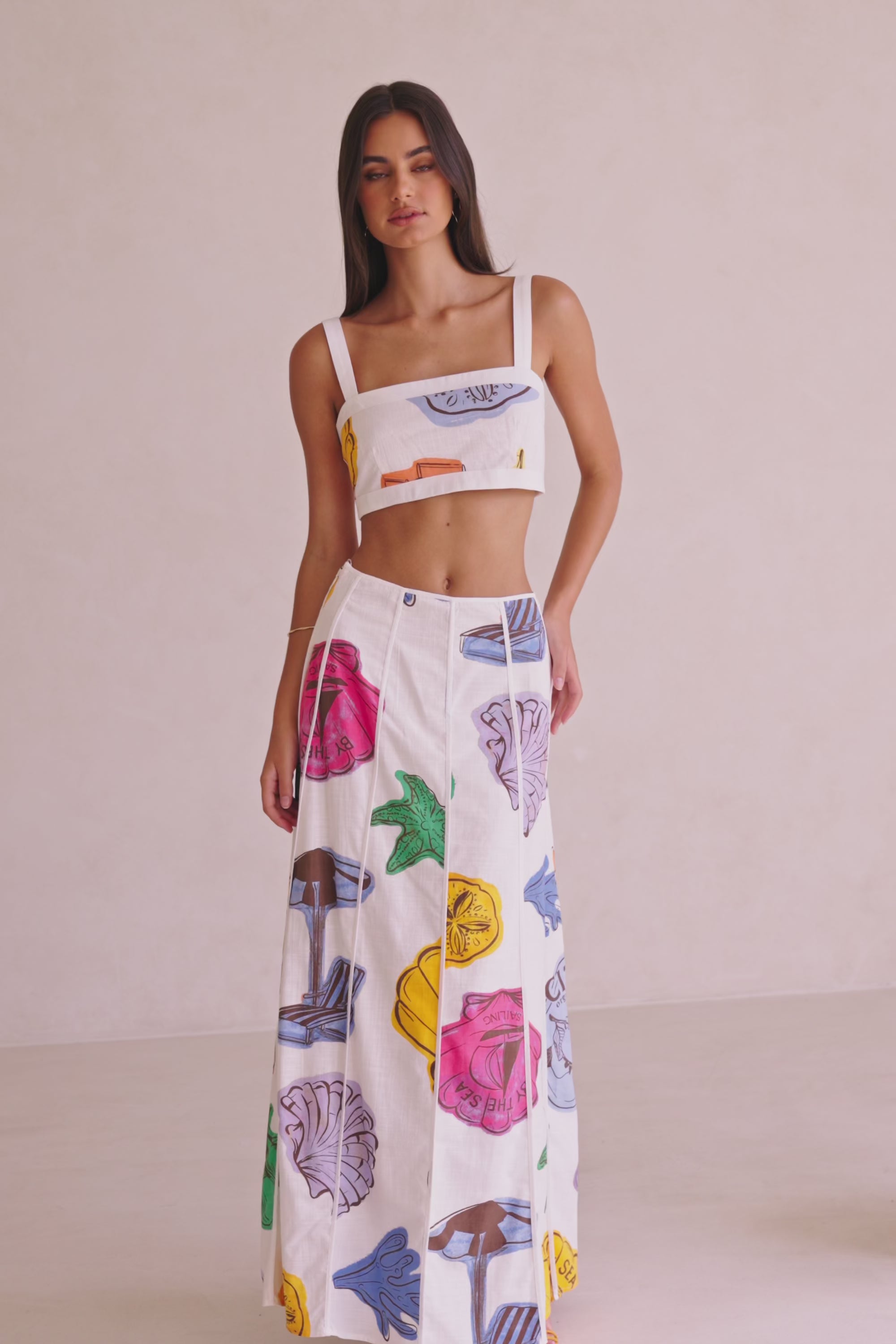 Audrey Panelled Maxi Skirt - By The Sea Print White, Blue, Orange