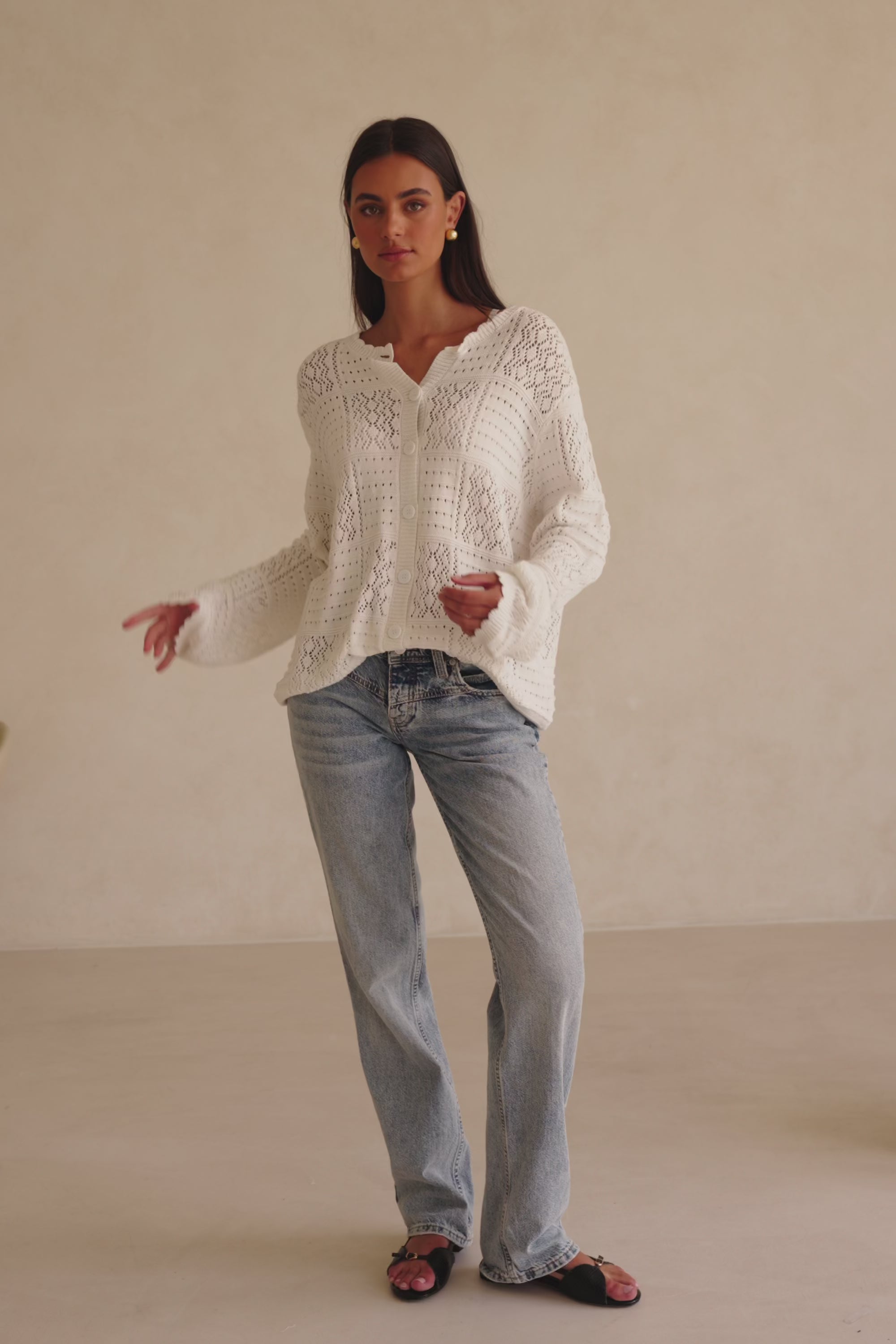 White Knit Long Sleeve Button Up Martina Top – SABO