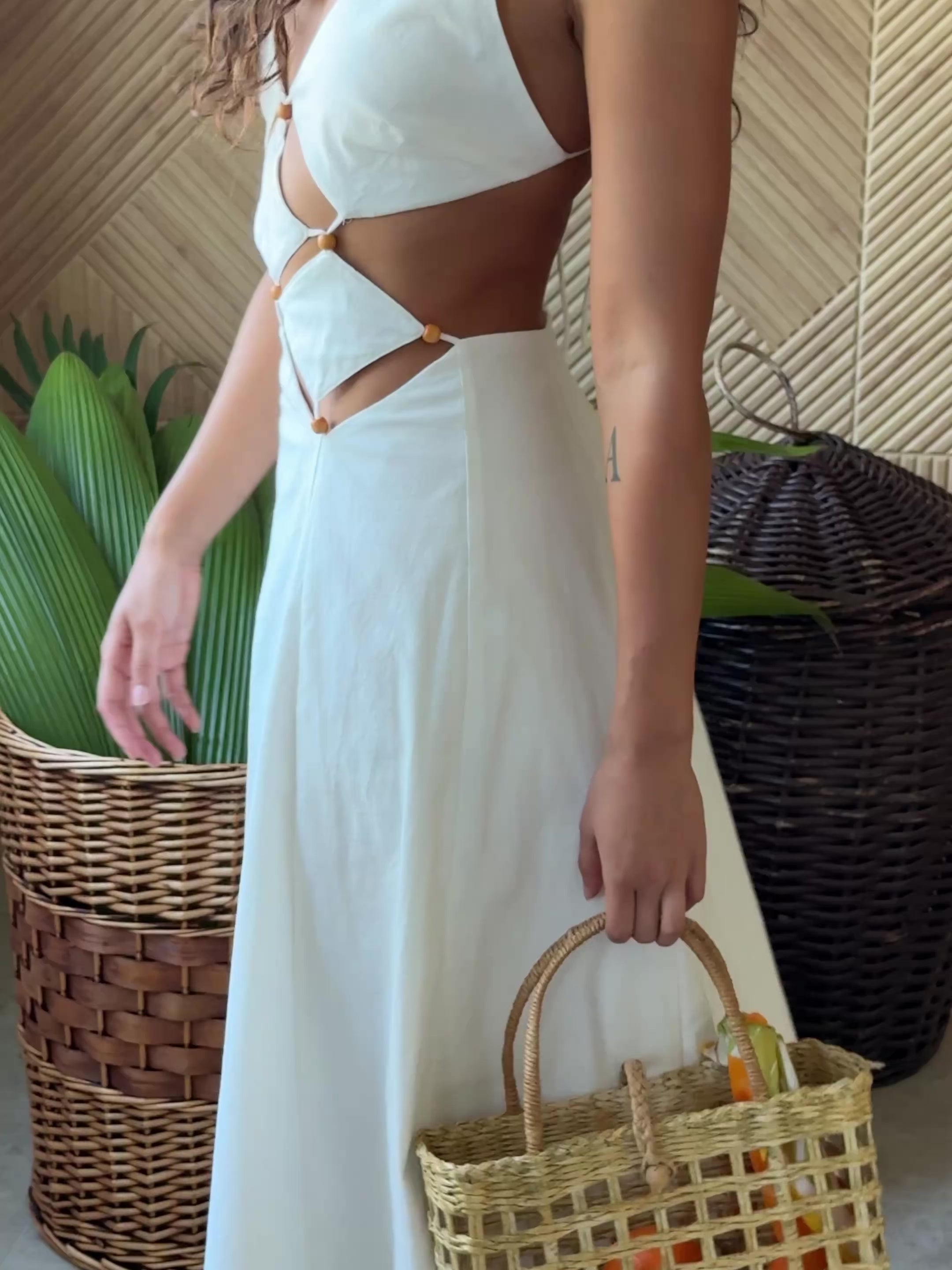 Bridal White Cotton Plunge Neckline Cut Out Maxi Chessa Dress L