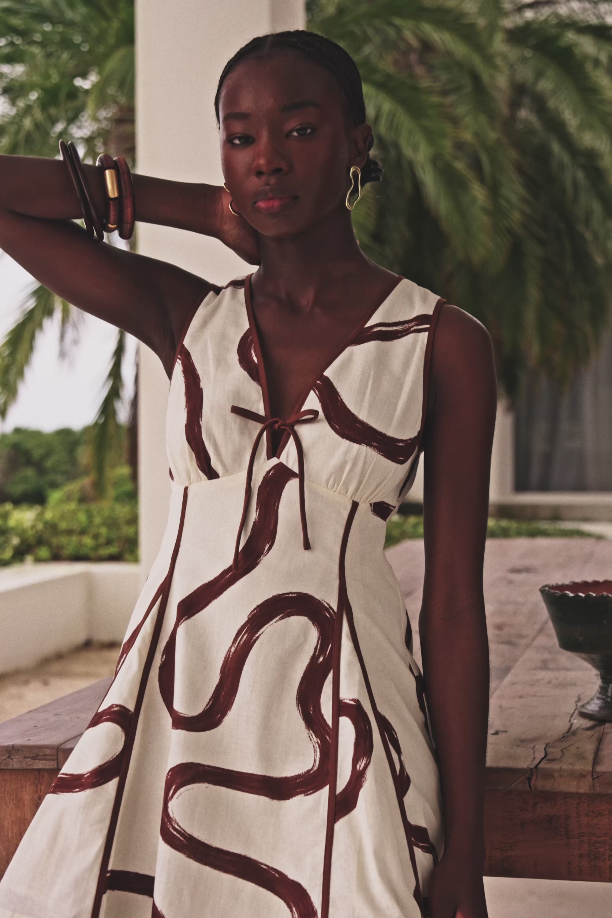 Cream Marbled Mocha Floral V Neck Mini Alfresco Dress – SABO