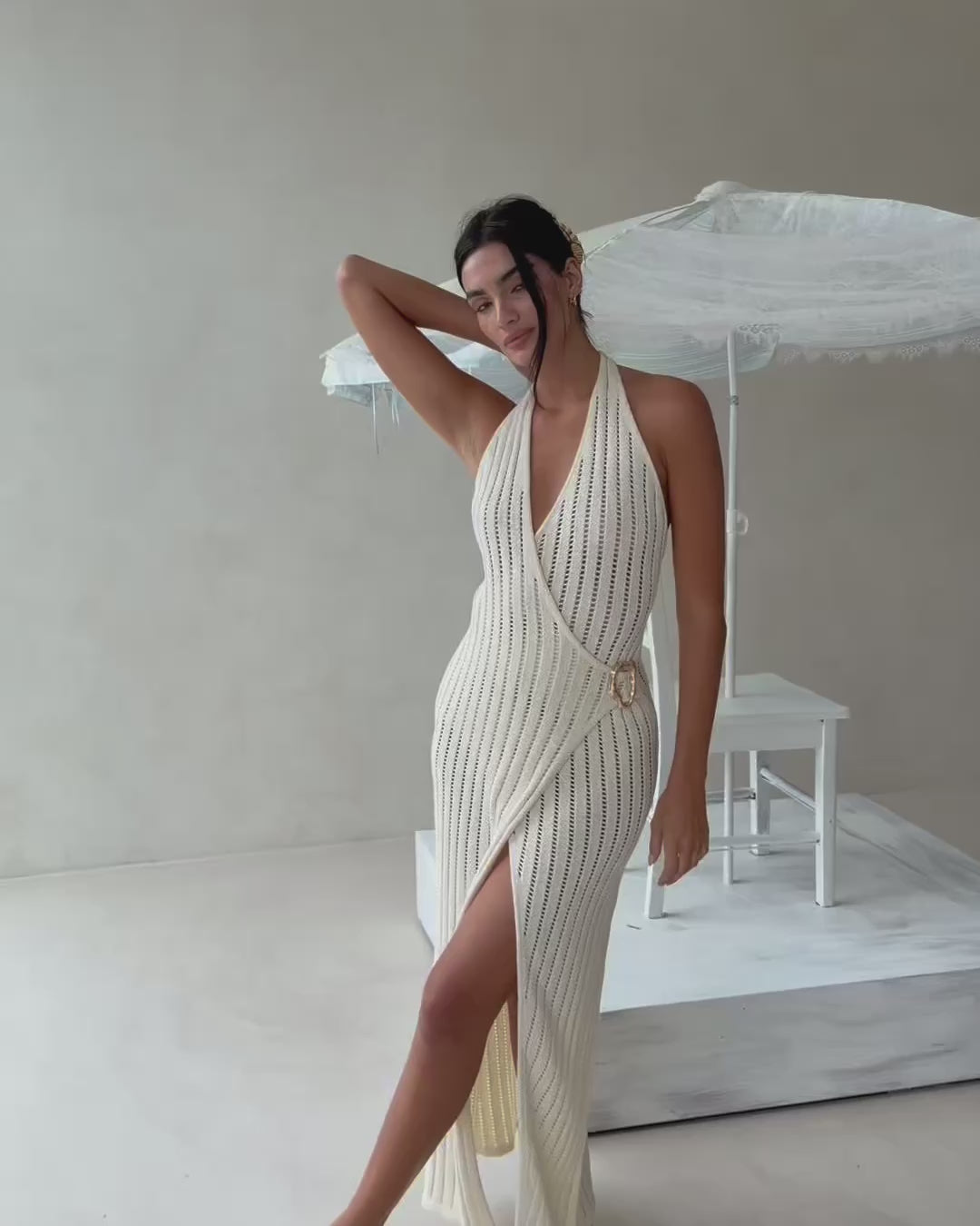 Cream Pointelle Knit Plunge Wrap Maxi Klaudia Dress – SABO