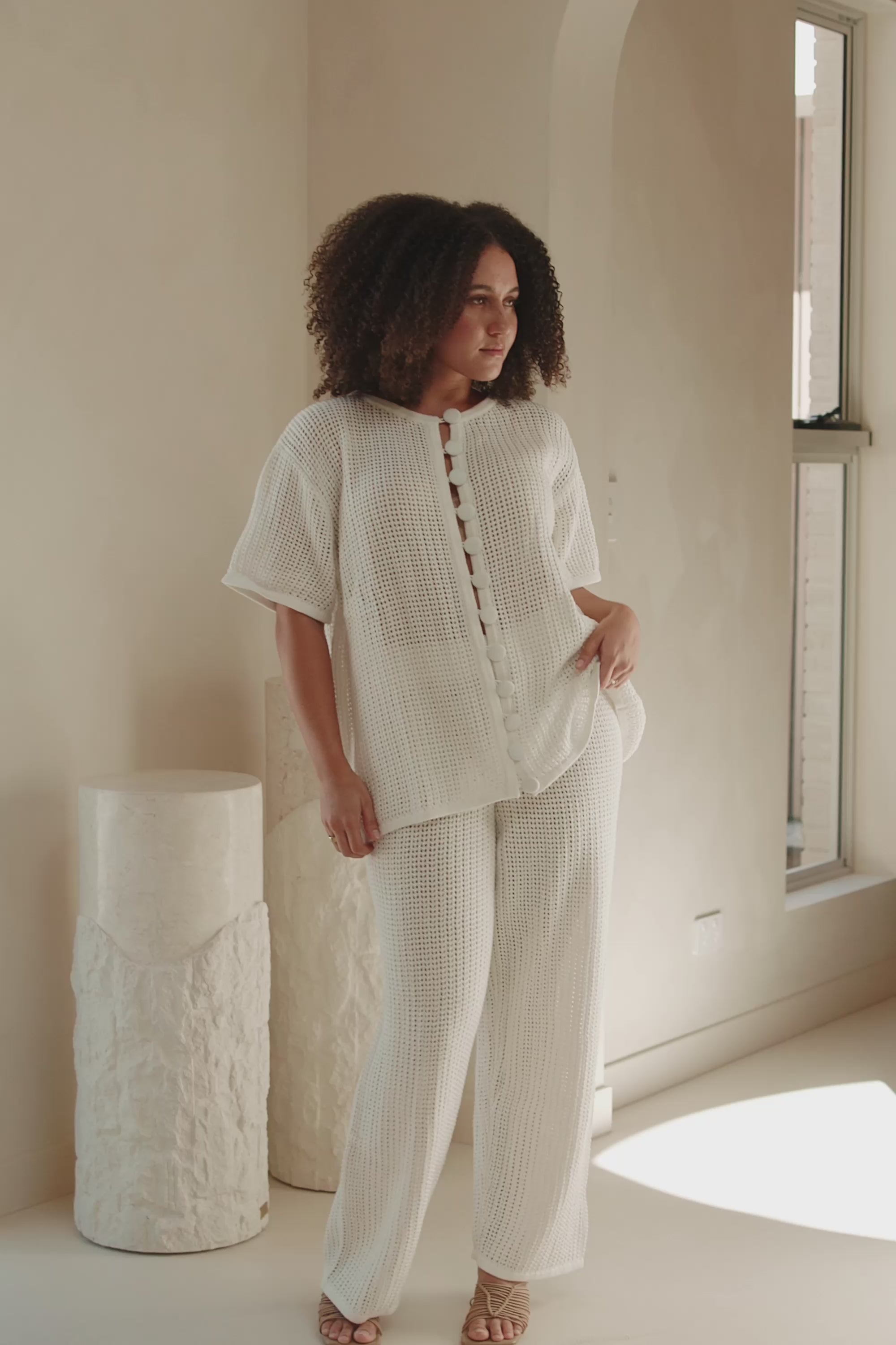 Cream Knit Elastic High Waist Wide Leg Zayna Pants – SABO