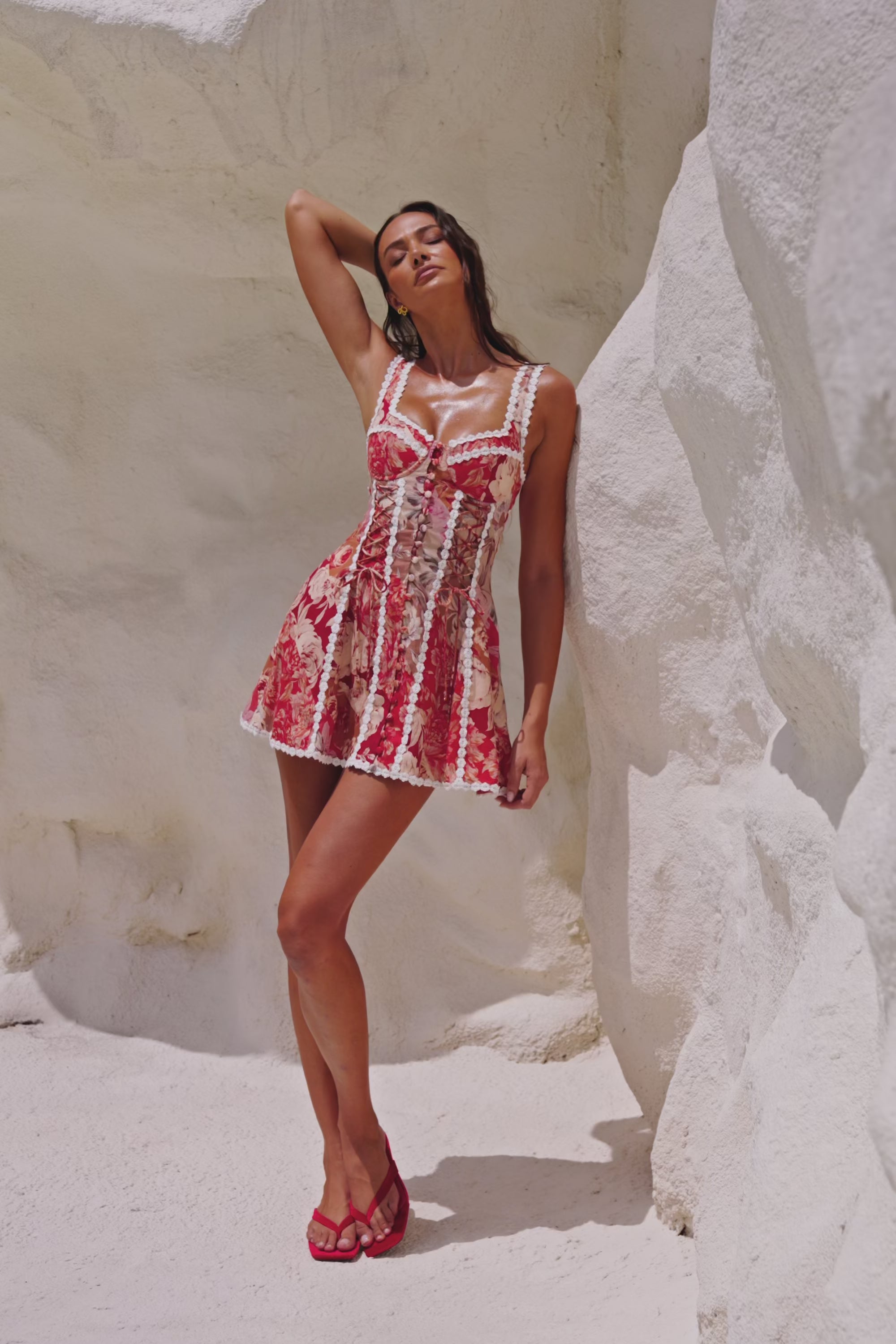 DEA by ROBE de FLEURS フレアドレス S Red Floral Solafleur Lace Up Mini Camille Dress – SABO