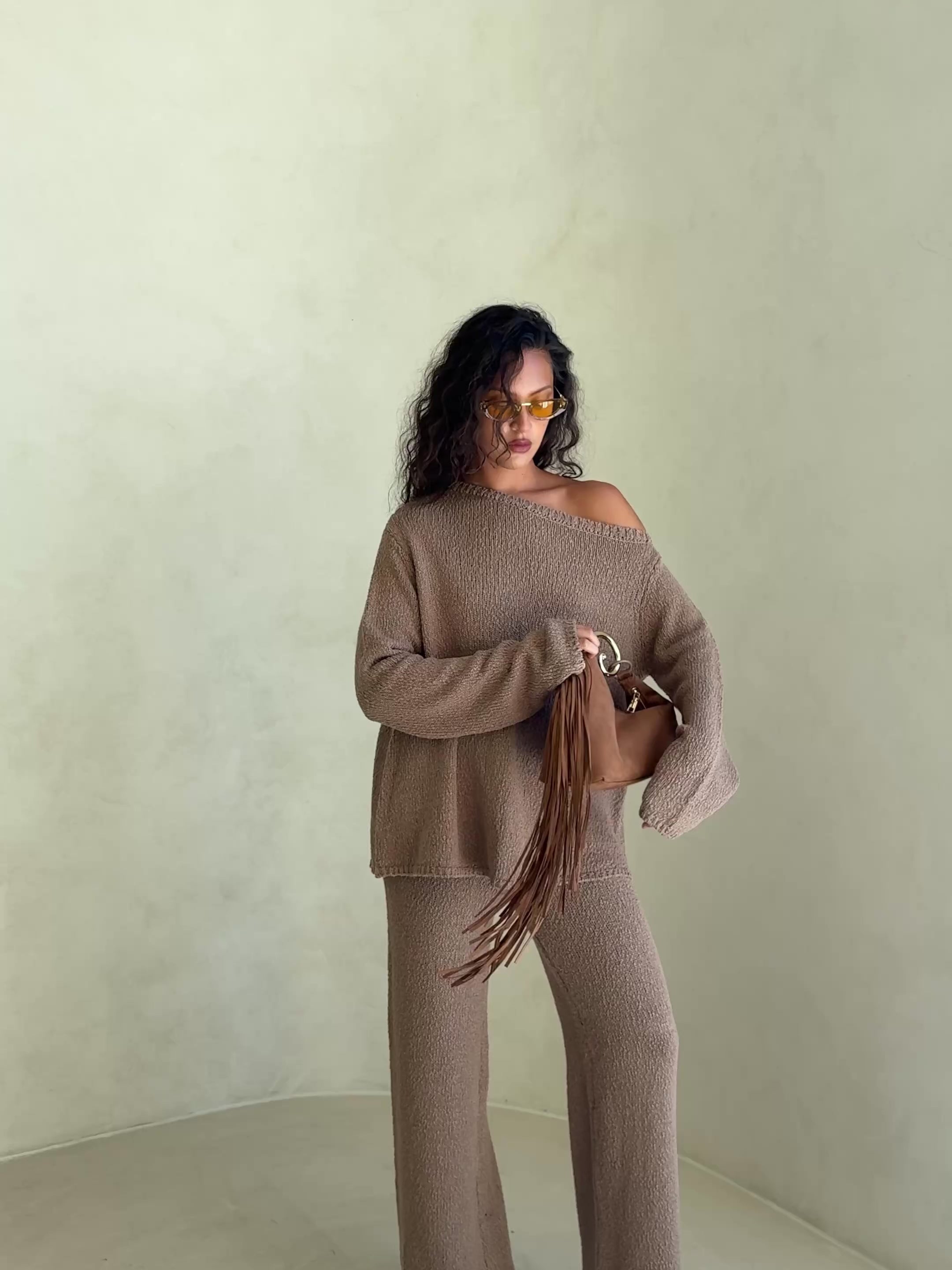 Brown Cotton Knit Long Sleeve Off Shoulder Kora Top – SABO