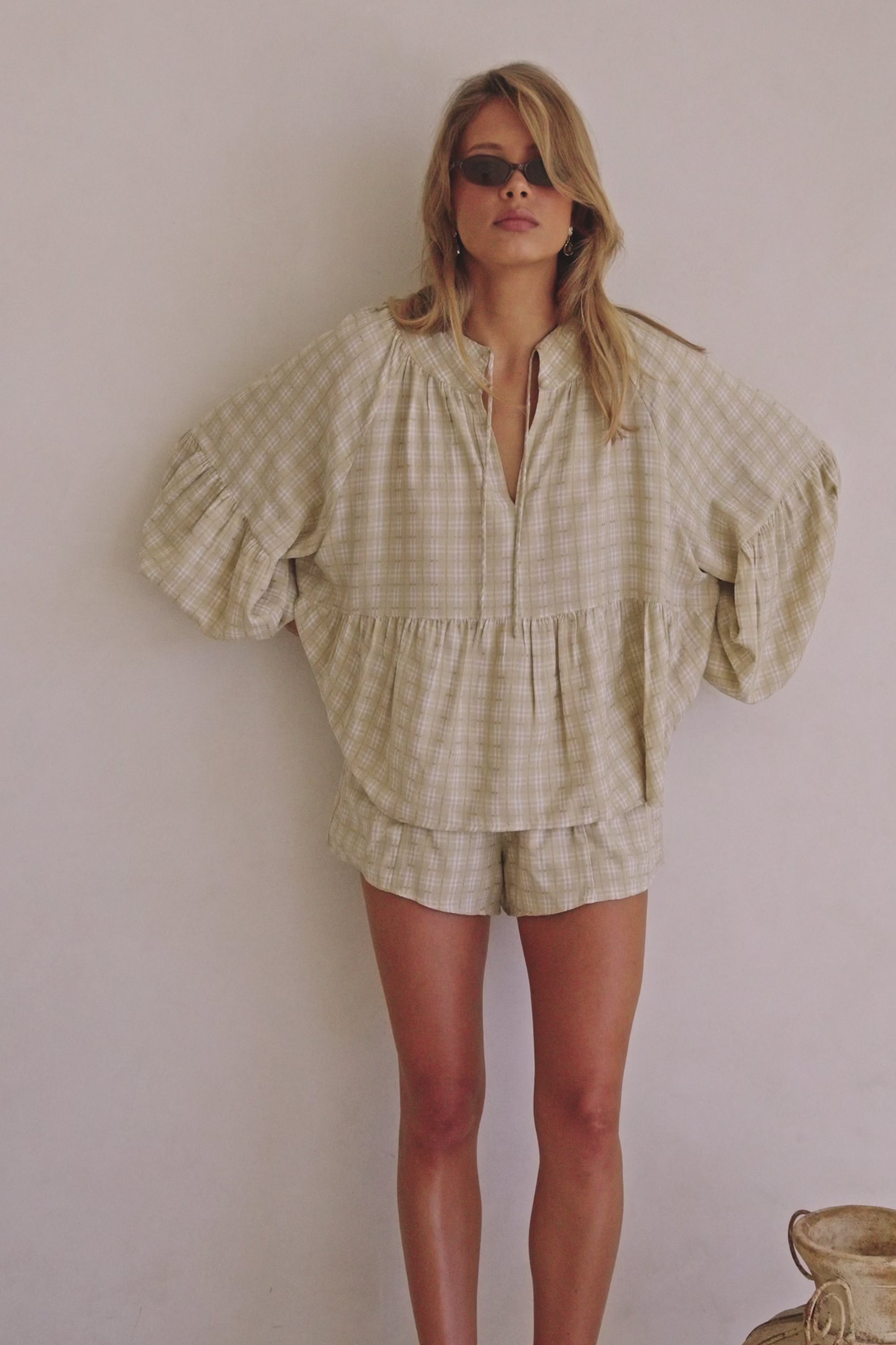 Khaki Gingham Elastic Drawstring Rylia Shorts – SABO