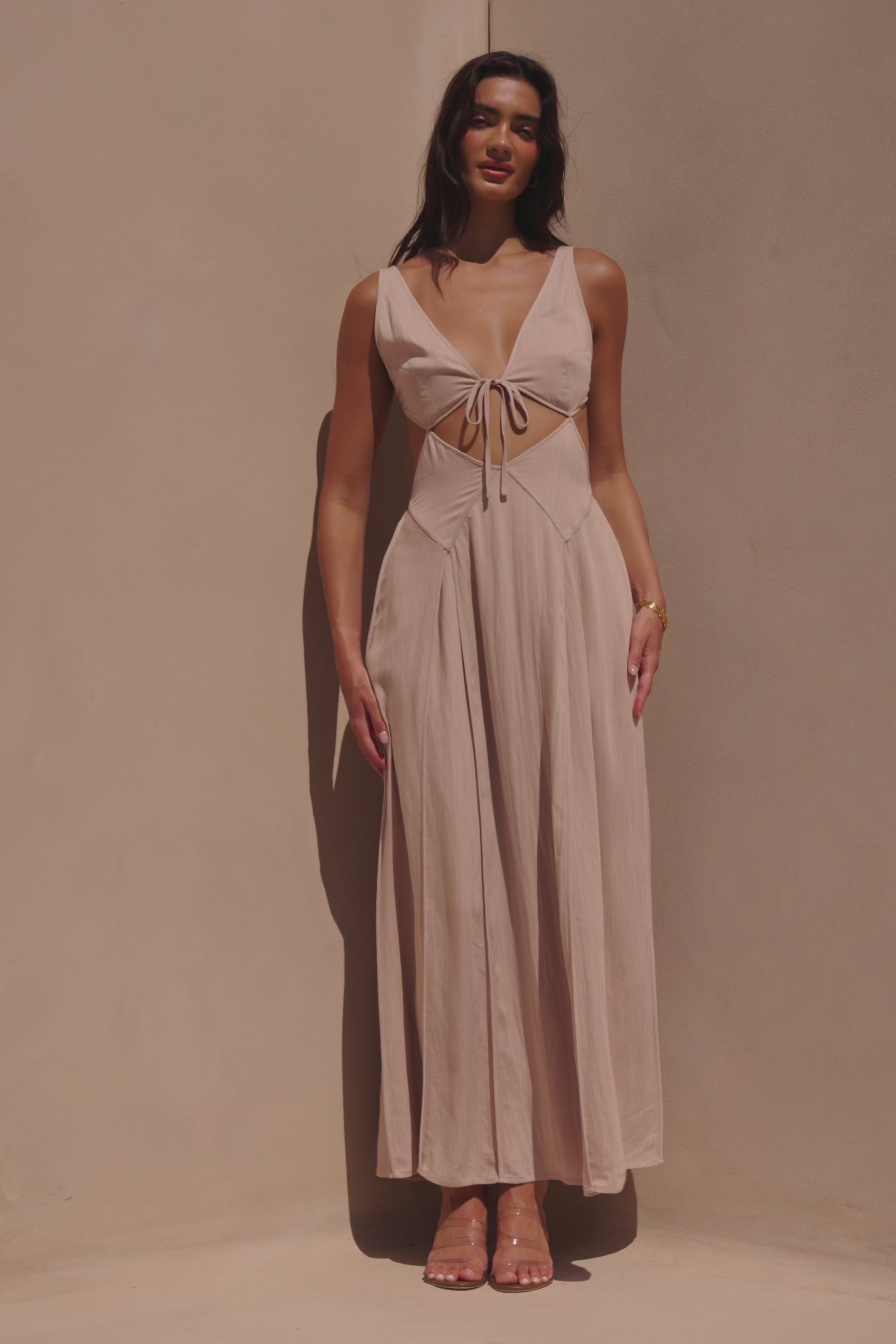sabo skirt cut out dress Stone Grey Long Sleeve Mini Ivy Soft and feminine in stone SAMPLE-Emalia Cutout Dress SABO