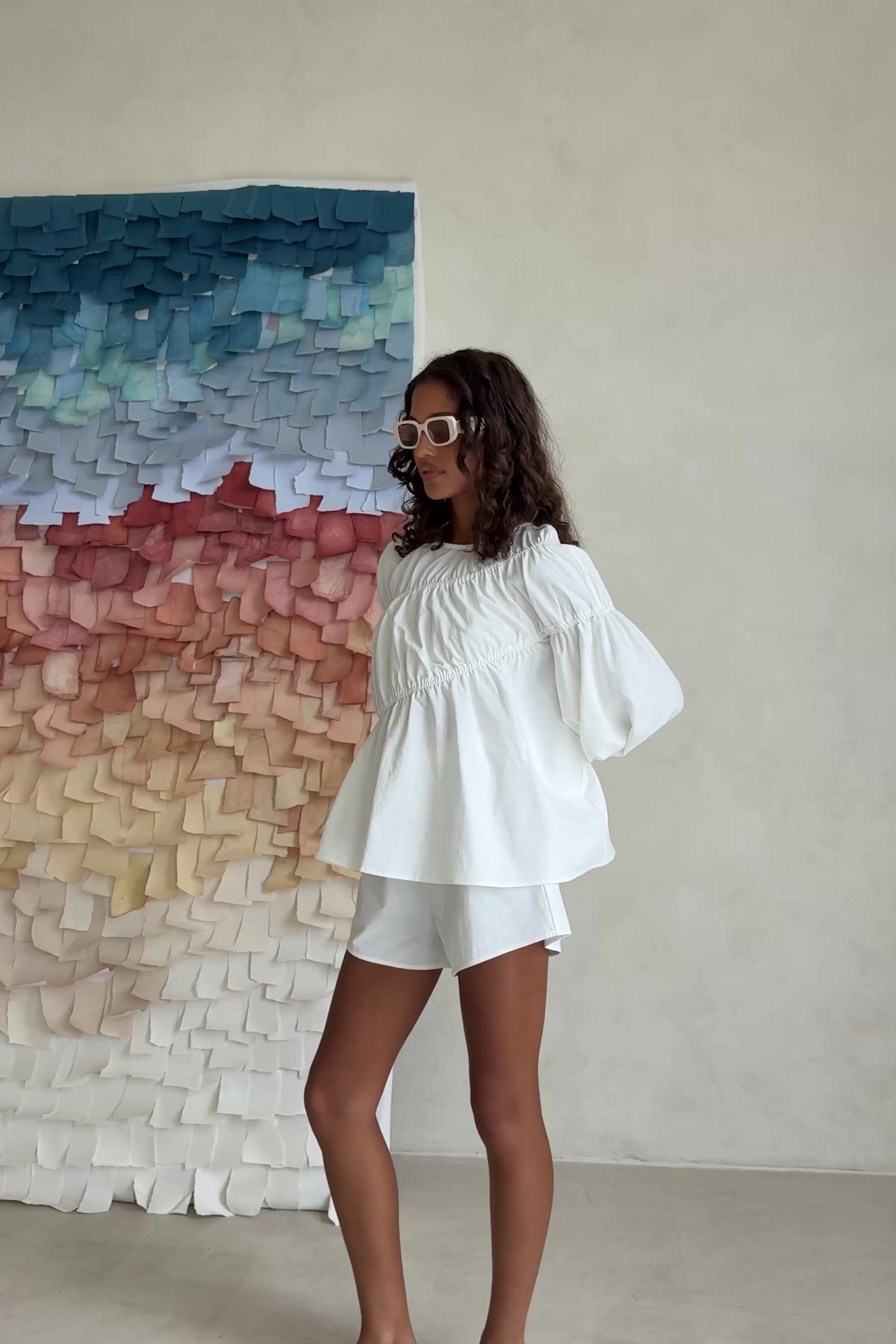 White Structured Ruched Puff Sleeve Akel Top – SABO