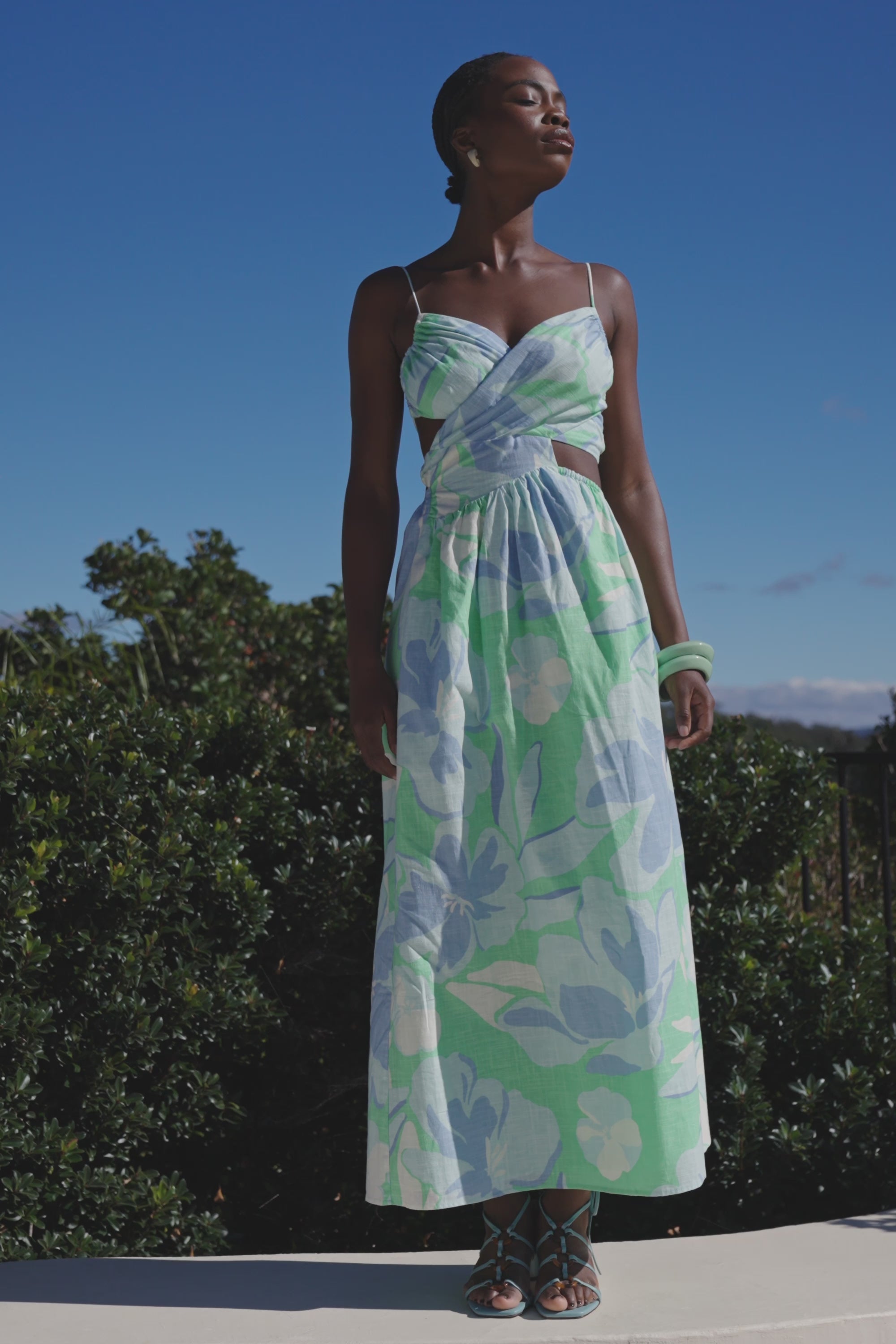 Iris Cutout Midi Dress - Spring Petals Blue Green White – SABO