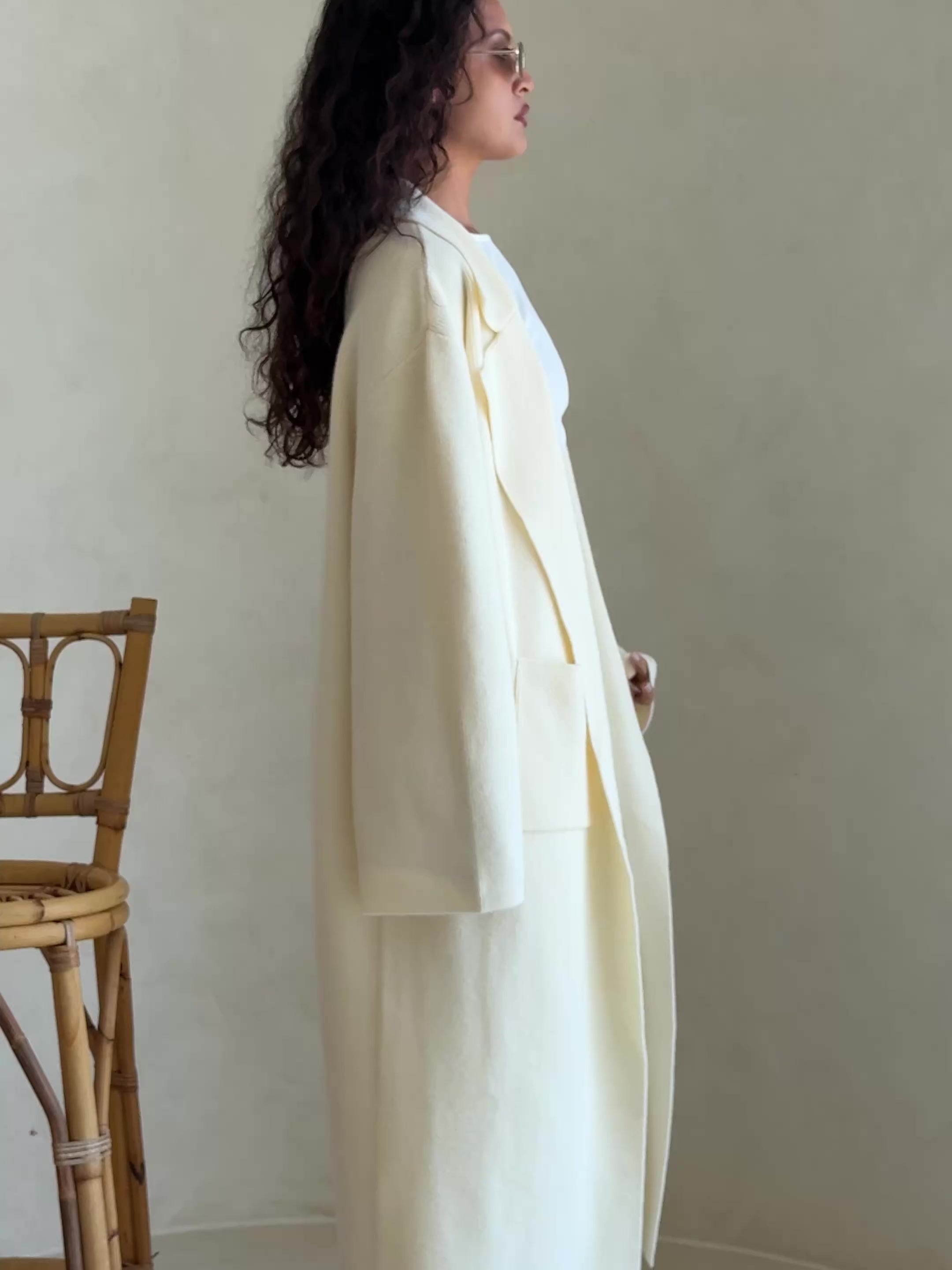 Cream Woolen Relaxed Collared Maxi Adira Jacket – SABO