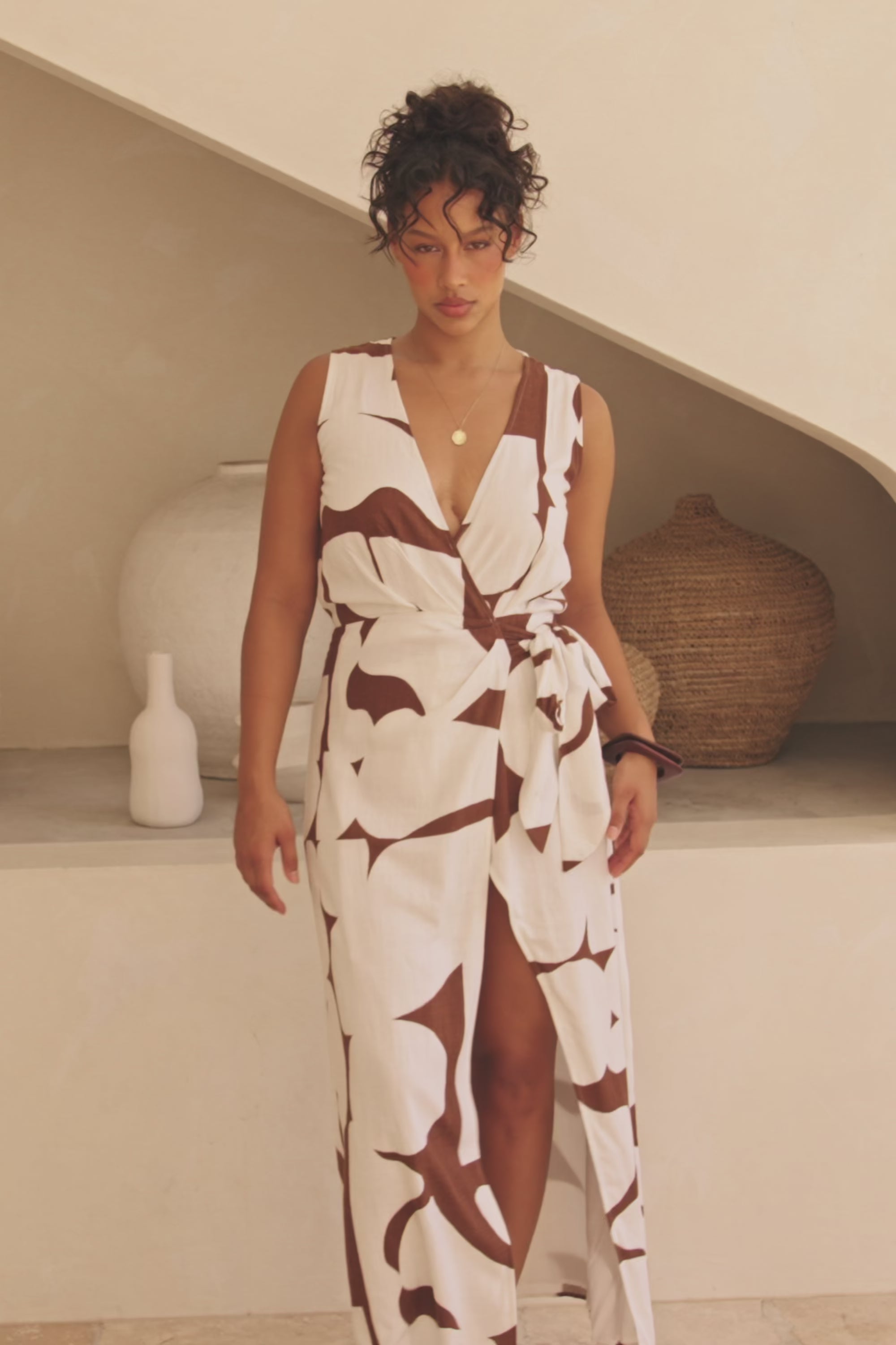 Madeira Split Wrap Maxi Dress - Brown, White Sunroom Chocolate