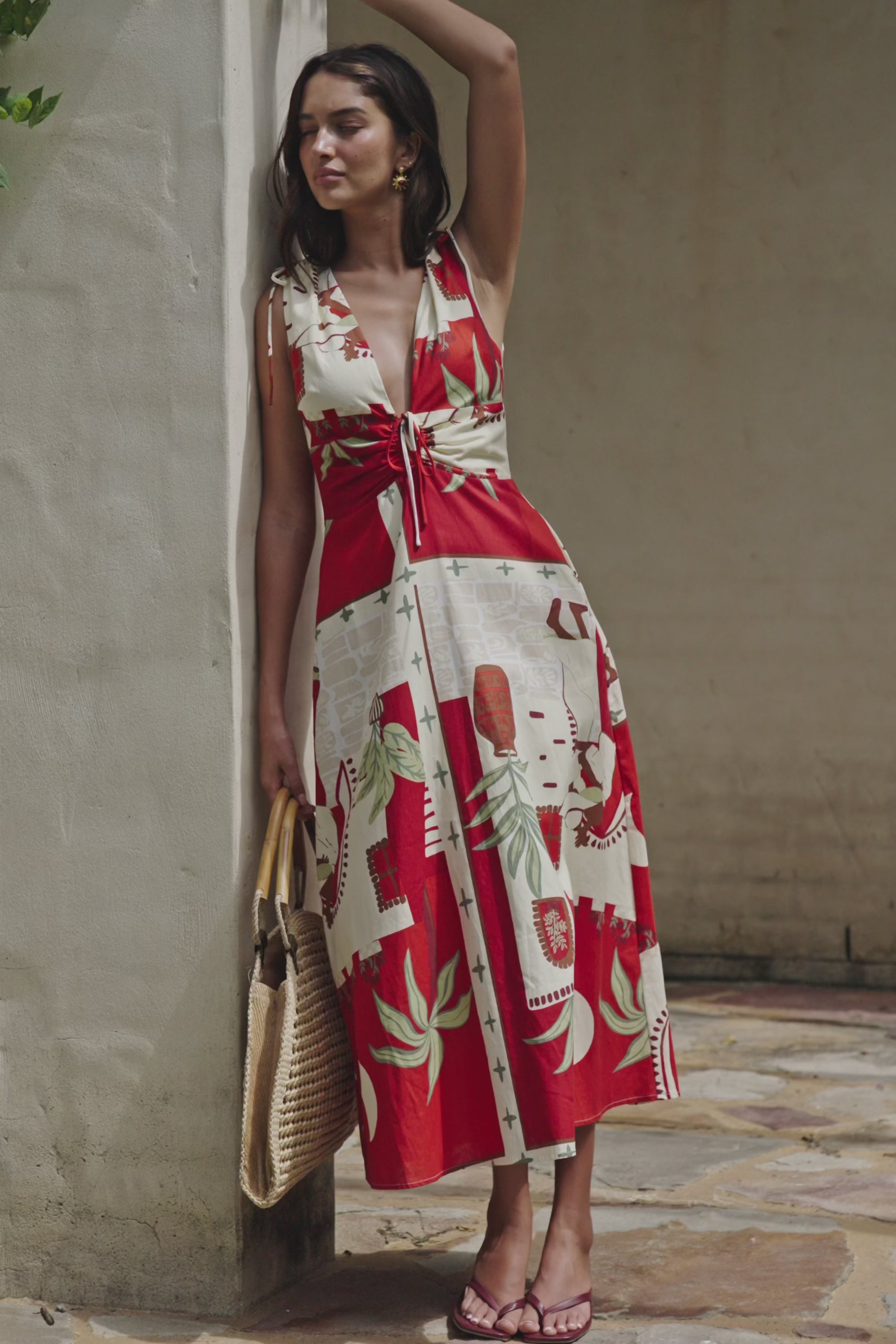Red Palma Vista Print V Neck Maxi Mira Dress – SABO