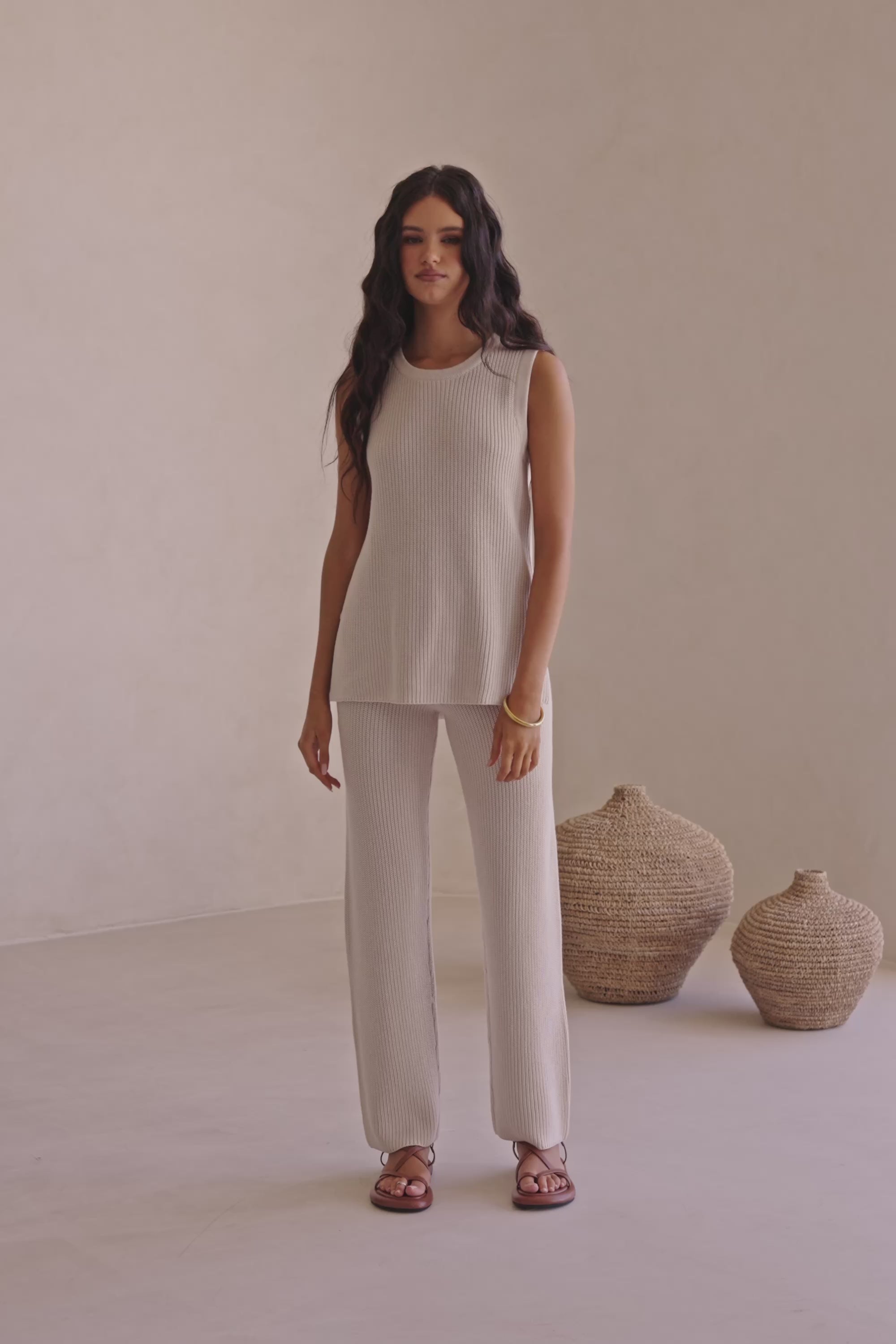 Beige Cotton Knit Elastic High Waist Maxine Pants – SABO